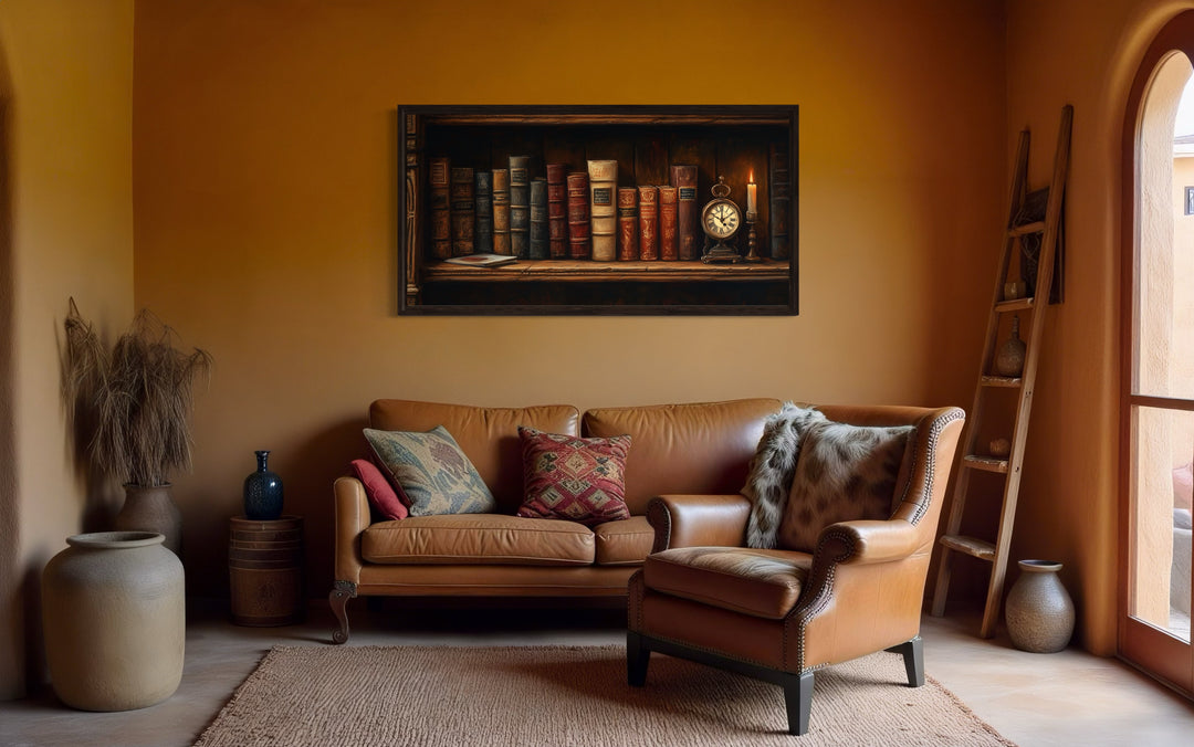 Antique Bookcase With Vintage Books Library Framed Canvas Wall Art