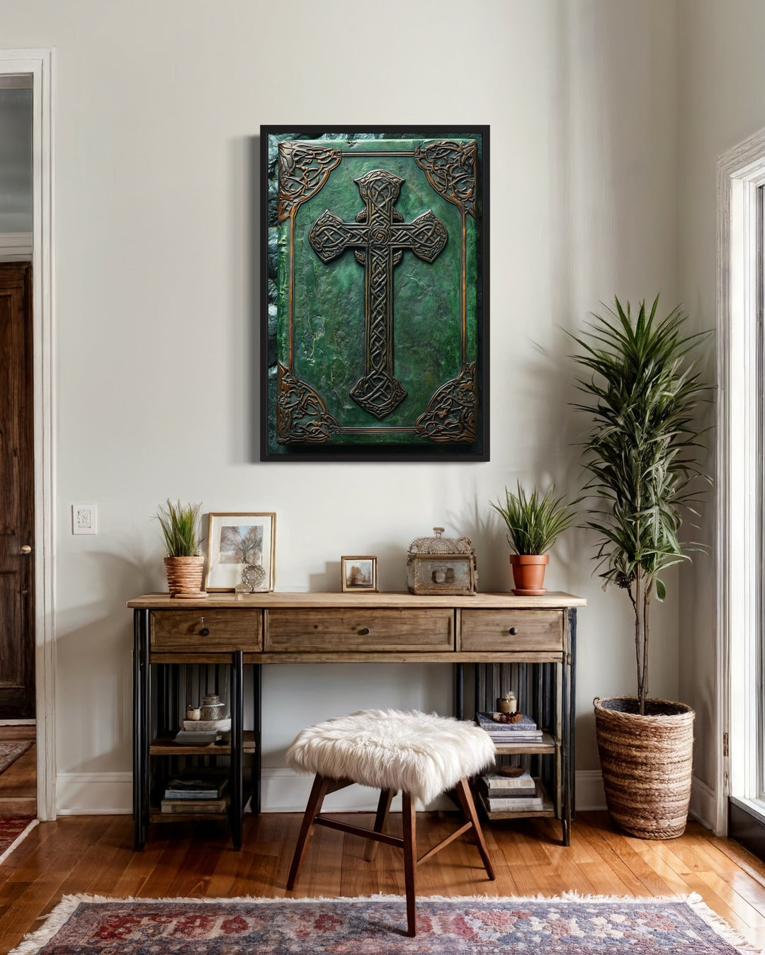 Antique Celtic Book With Cross Framed Canvas Wall in a room with a table