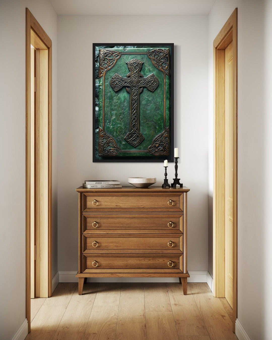 Antique Celtic Book With Cross Framed Canvas Wall above a chest of drawers