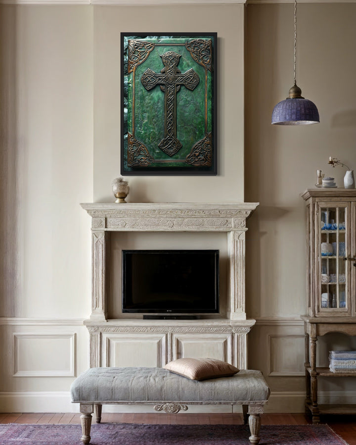 Antique Celtic Book With Cross Framed Canvas Wall in a living room with a couch and a fireplace