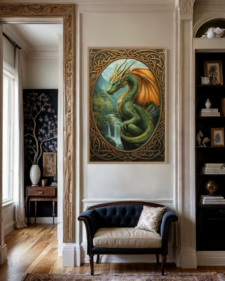 Green Celtic Dragon In Mountains Framed Canvas Wall Art in living room