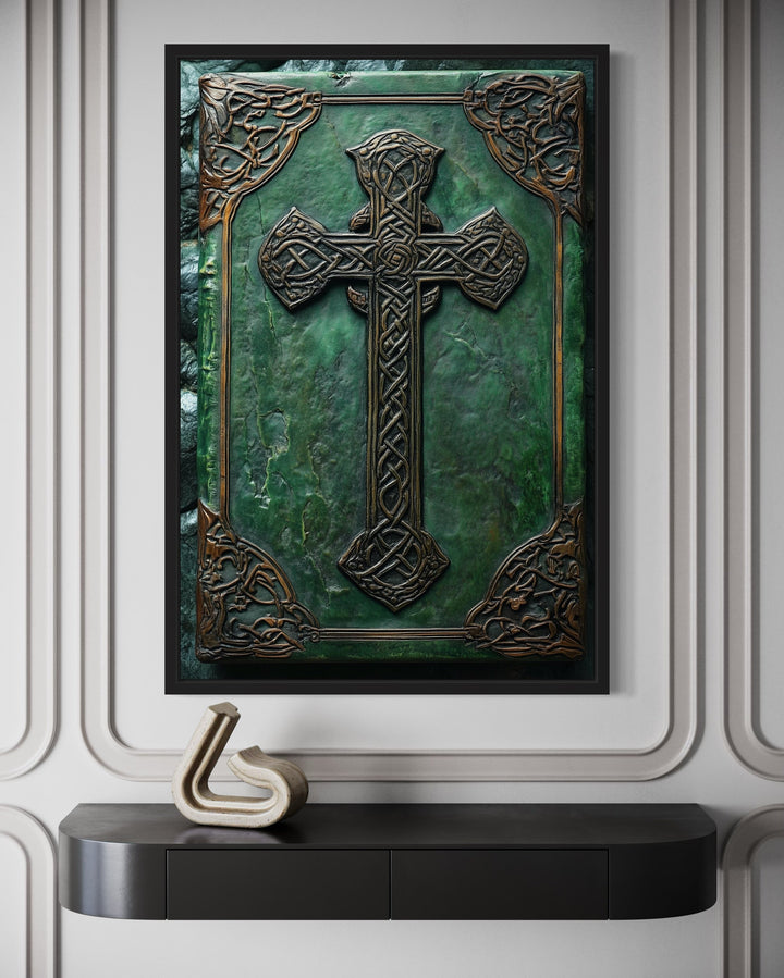 Antique Celtic Book With Cross Framed Canvas Wall close up