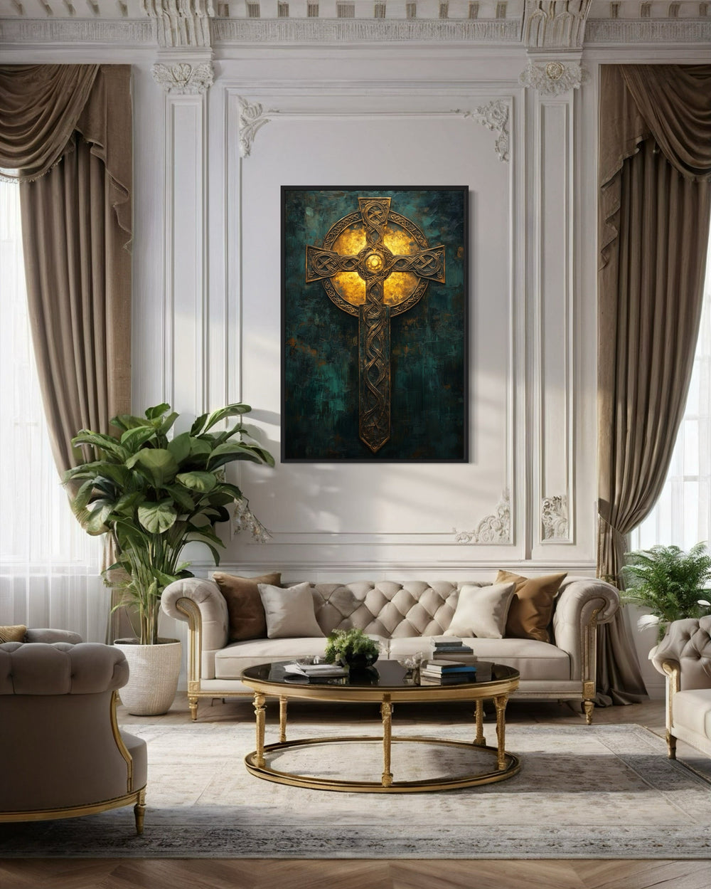 Antique Celtic Cross Framed Canvas Wall Art in a living room filled with furniture and a painting on the wall