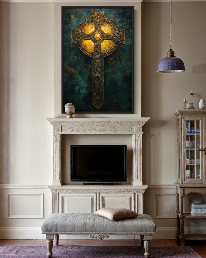 Antique Celtic Cross Framed Canvas Wall Art in a living room with a fireplace and a painting on the wall