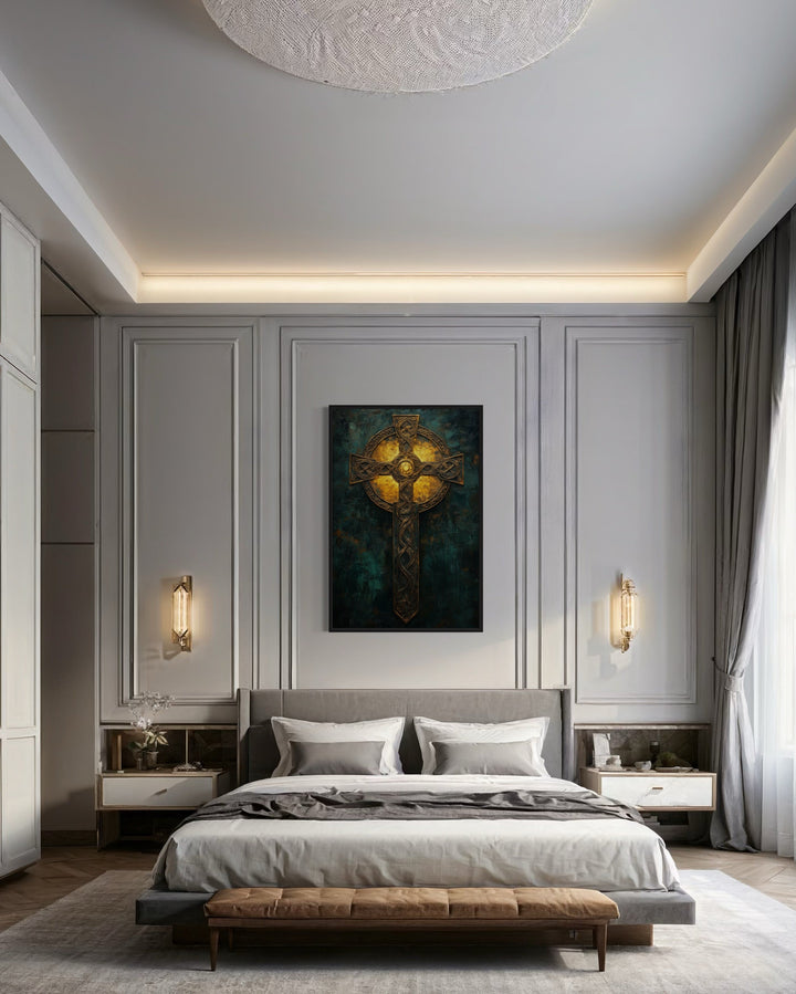 Antique Celtic Cross Framed Canvas Wall Art in a bedroom with a large bed and a painting on the wall