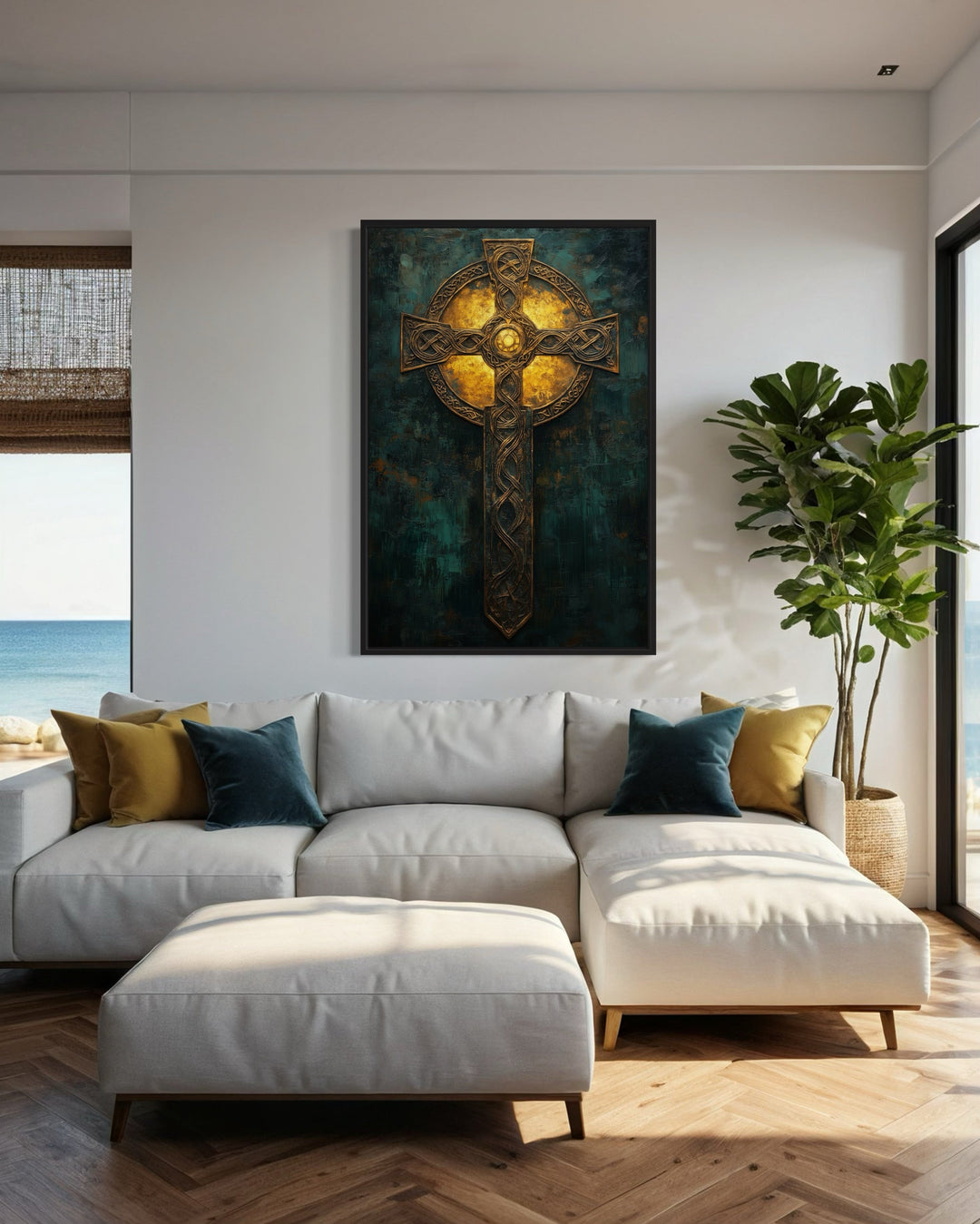 Antique Celtic Cross Framed Canvas Wall Art in a living room with a couch and a painting on the wall