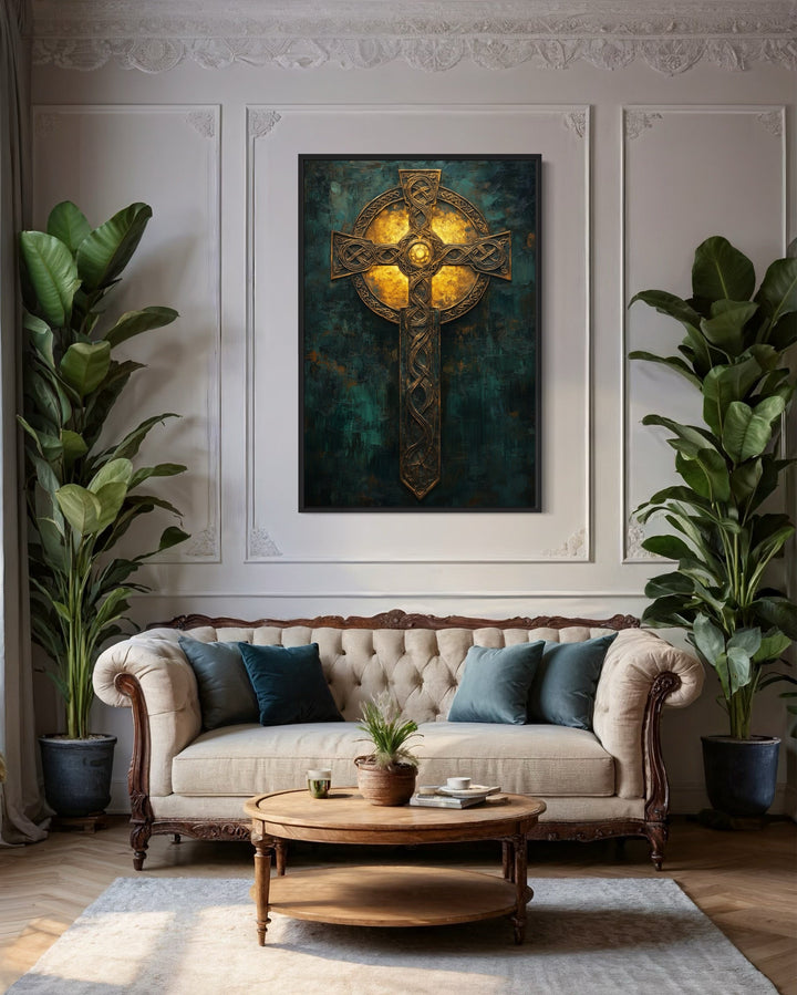 Antique Celtic Cross Framed Canvas Wall Art in a living room with a couch and a table