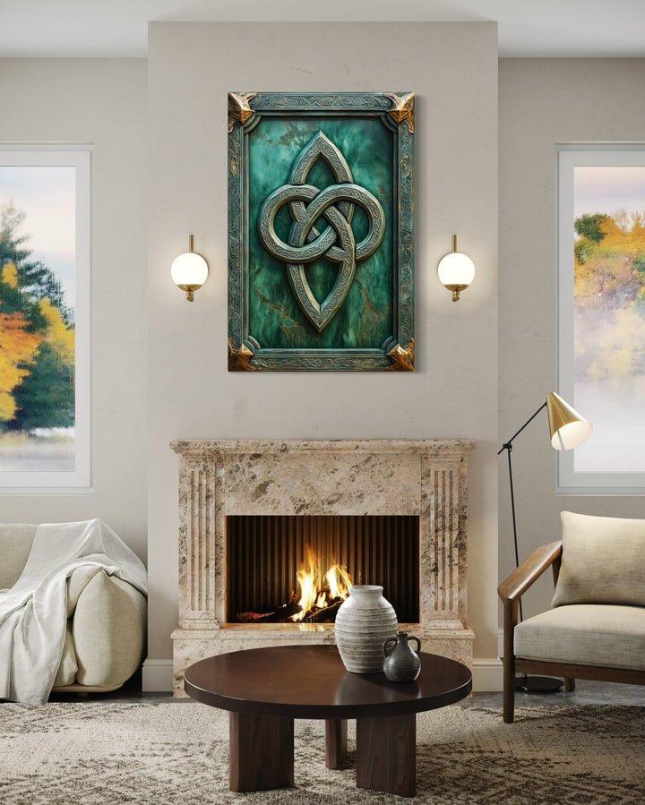 Antique Celtic Knot Framed Canvas Wall Art in a living room filled with furniture and a fire place