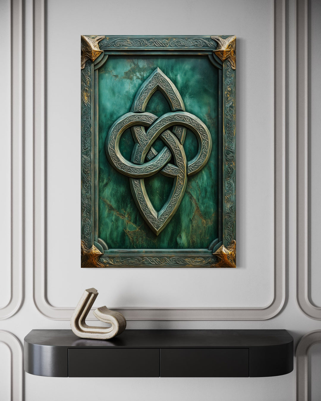 Antique Celtic Knot framed canvas wall art featuring a green marble-textured background.