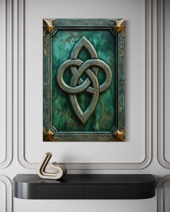 Antique Celtic Knot framed canvas wall art featuring a green marble-textured background.