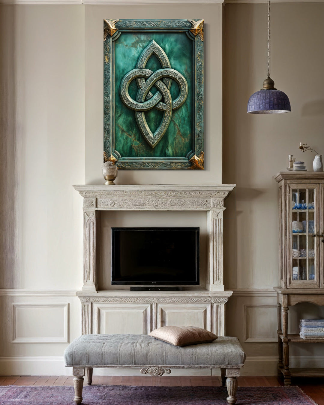 Antique Celtic Knot Framed Canvas Wall Art in a living room with a fireplace and a painting on the wall