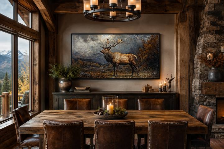 Antique elk in autumn mountains framed canvas wall art hanging in a rustic cabin dining room.