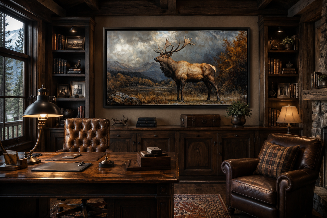 Antique elk in autumn mountains framed canvas wall art displayed in a rustic cabin office.