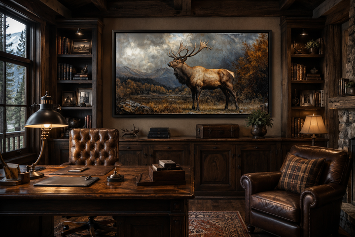 Antique elk in autumn mountains framed canvas wall art displayed in a rustic cabin office.