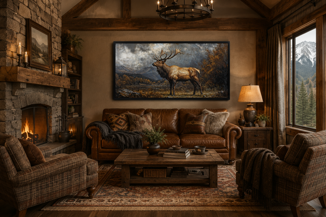 Antique elk in autumn mountains framed canvas wall art hanging above a leather sofa in a rustic den.