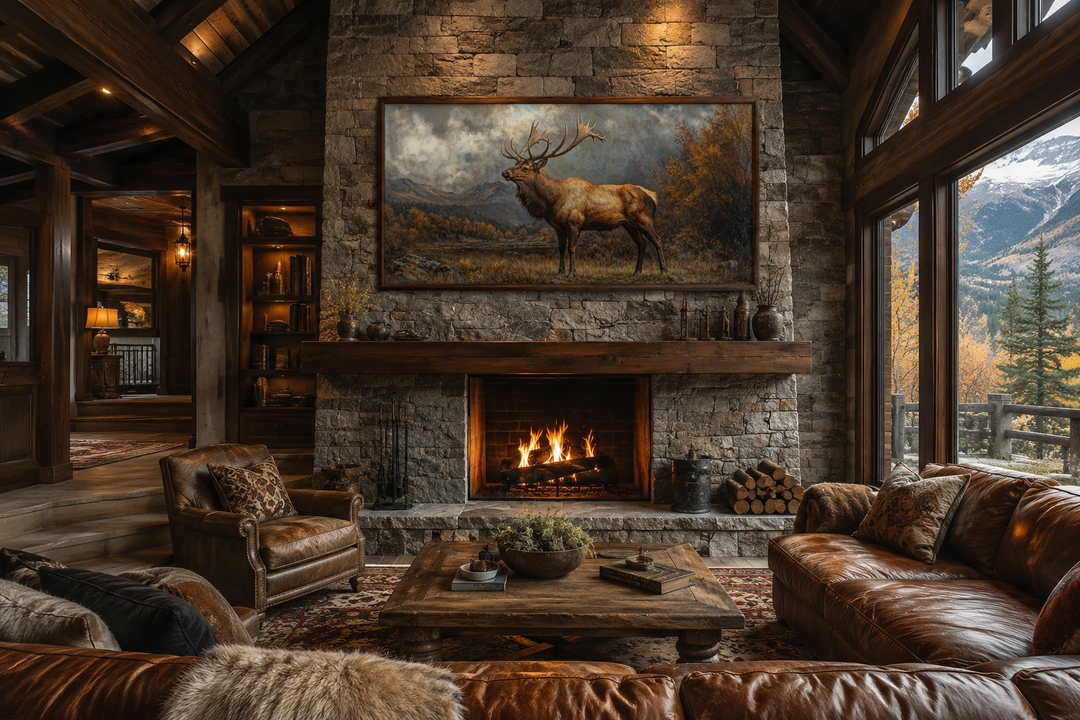 Antique elk in autumn mountains framed canvas wall art hanging above a stone fireplace in a cabin.