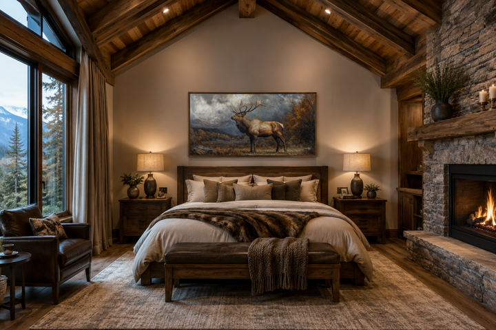 Antique elk in autumn mountains framed canvas wall art hanging above a bed in a rustic cabin bedroom.