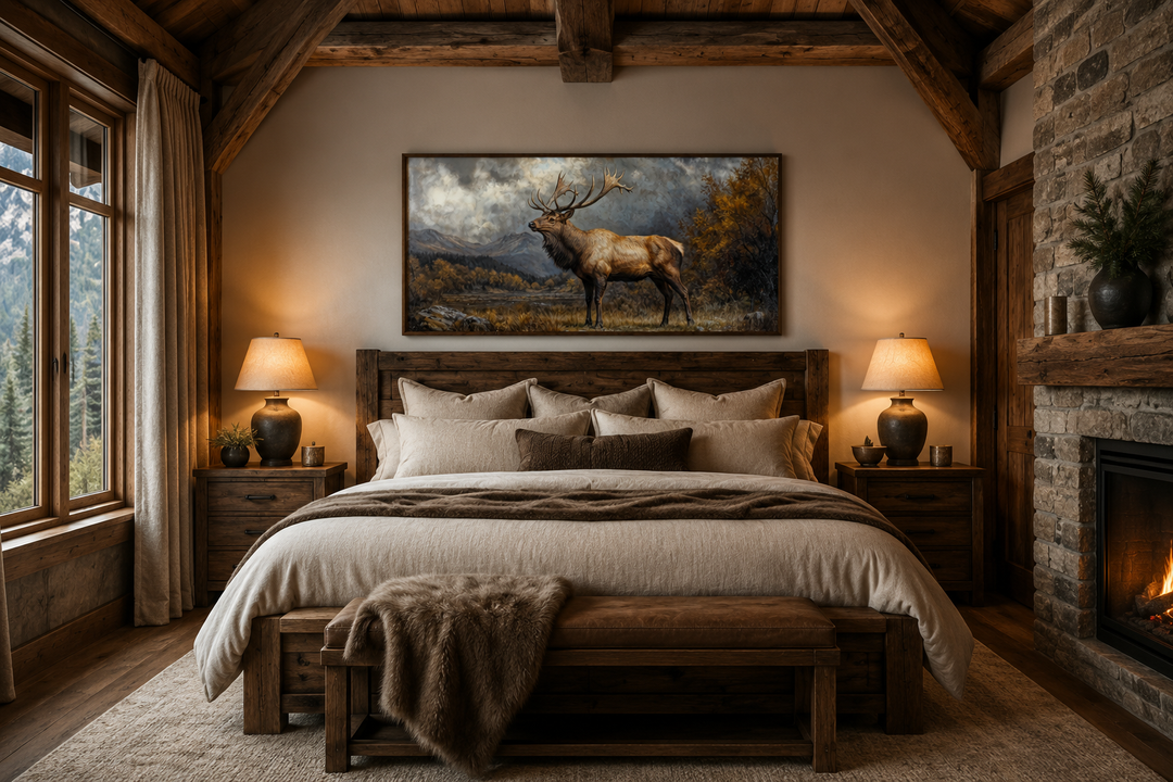 Antique elk in autumn mountains framed canvas wall art hanging above a bed in a rustic cabin bedroom.