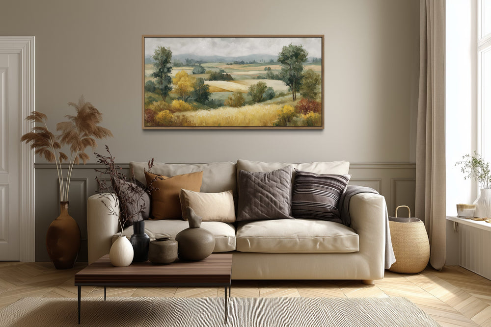Antique Farm Landscape In Autumn Framed Canvas Wall Art