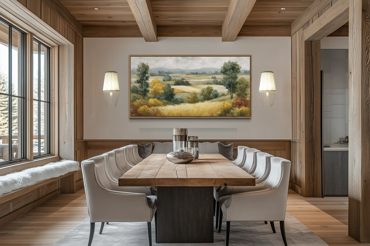 Antique Farm Landscape In Autumn Framed Canvas Wall Art