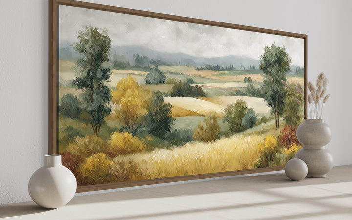 Antique Farm Landscape In Autumn Framed Canvas Wall Art