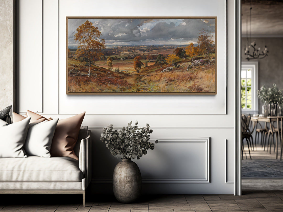 Antique Farm Landscape In Autumn Framed Canvas Wall Art