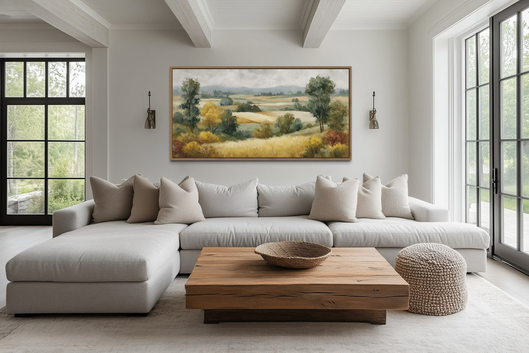Antique Farm Landscape In Autumn Framed Canvas Wall Art