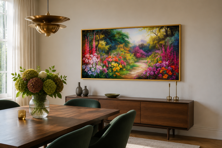Antique flower garden framed canvas wall art above a wooden sideboard in a dining room.
