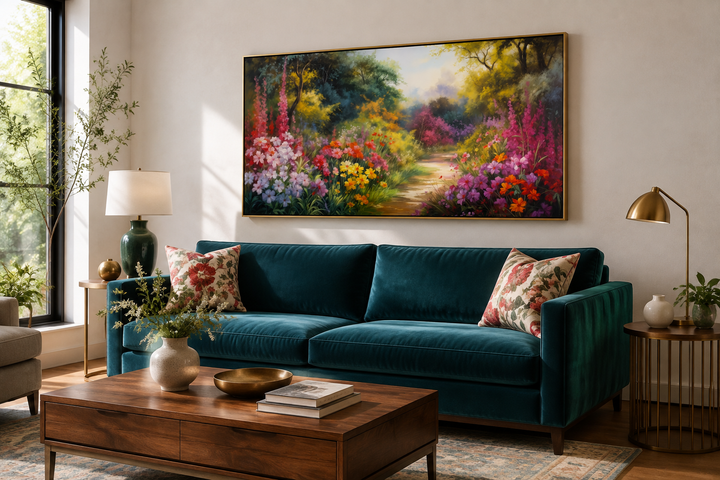 Antique flower garden framed canvas wall art hanging above a teal sofa in a living room.