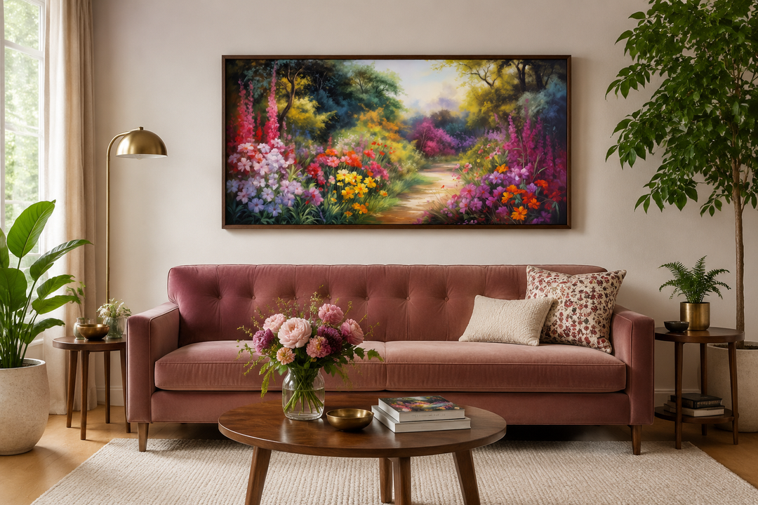 Antique flower garden framed canvas wall art above a pink sofa in a decorated living room.