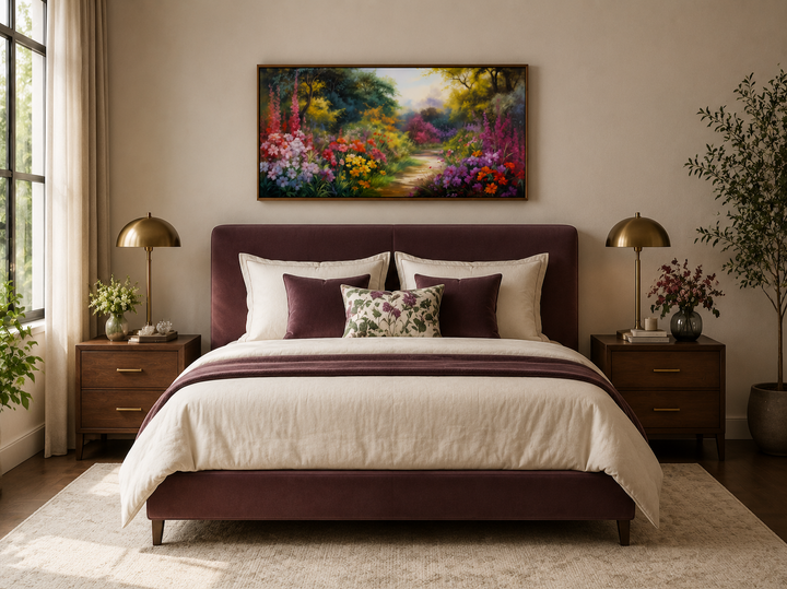 Antique flower garden framed canvas wall art hanging above a bed in a bedroom.