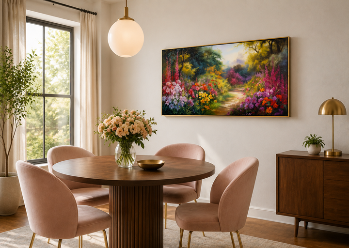 Antique flower garden framed canvas wall art hanging in a modern dining room above a round table.