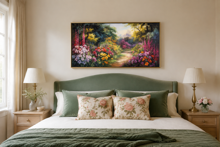 Antique flower garden framed canvas wall art with colorful blooms above a green velvet headboard.