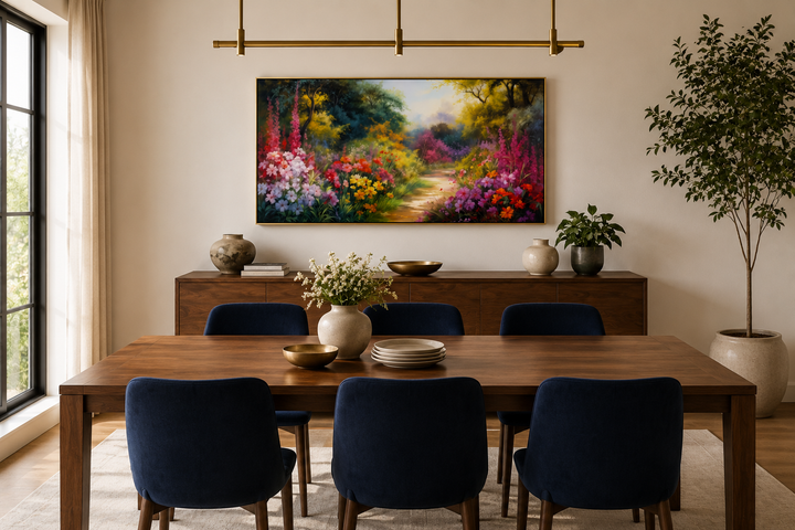 Antique flower garden framed canvas wall art above a dining table with blue chairs.
