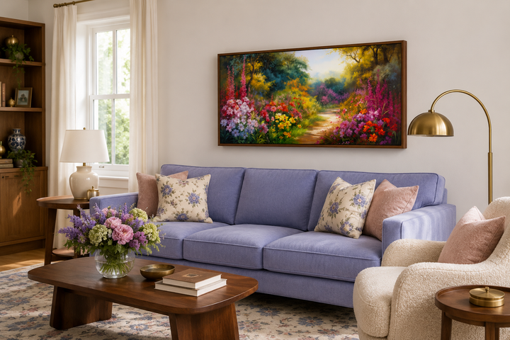 Antique flower garden framed canvas wall art above a purple sofa in a cozy living room.