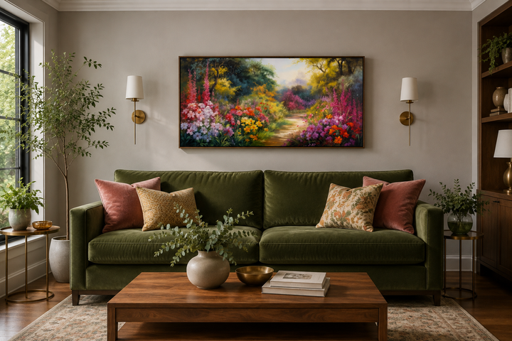 Antique flower garden framed canvas wall art hanging above a green velvet sofa in a living room.