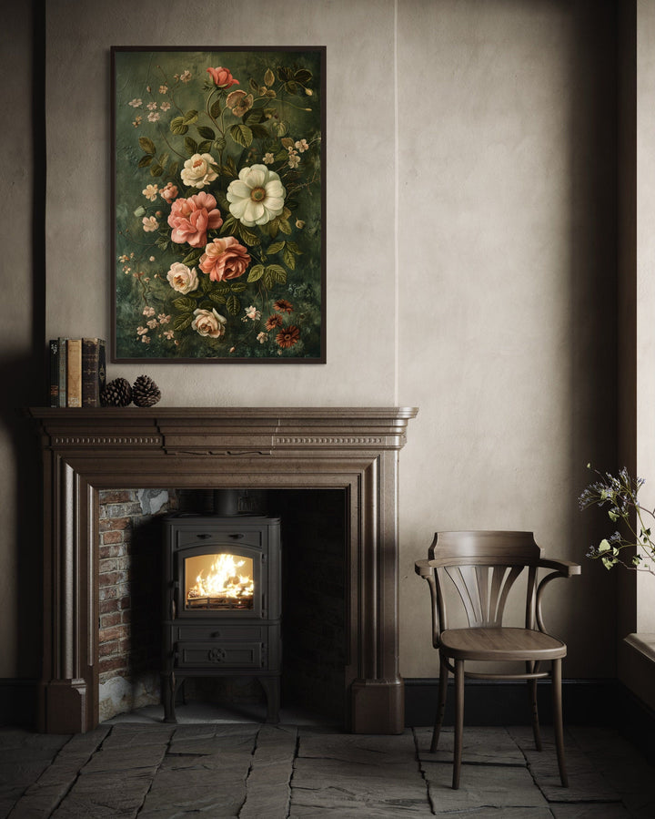 a room with a fireplace and a painting on the wall