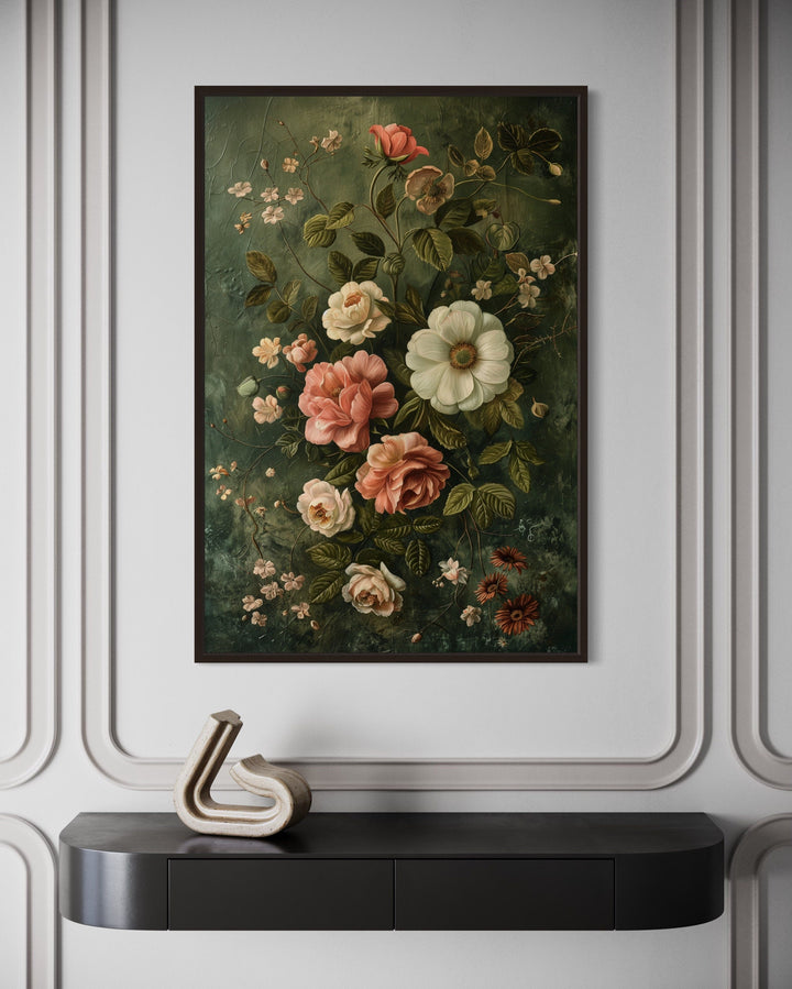 a painting of flowers on a wall above a table