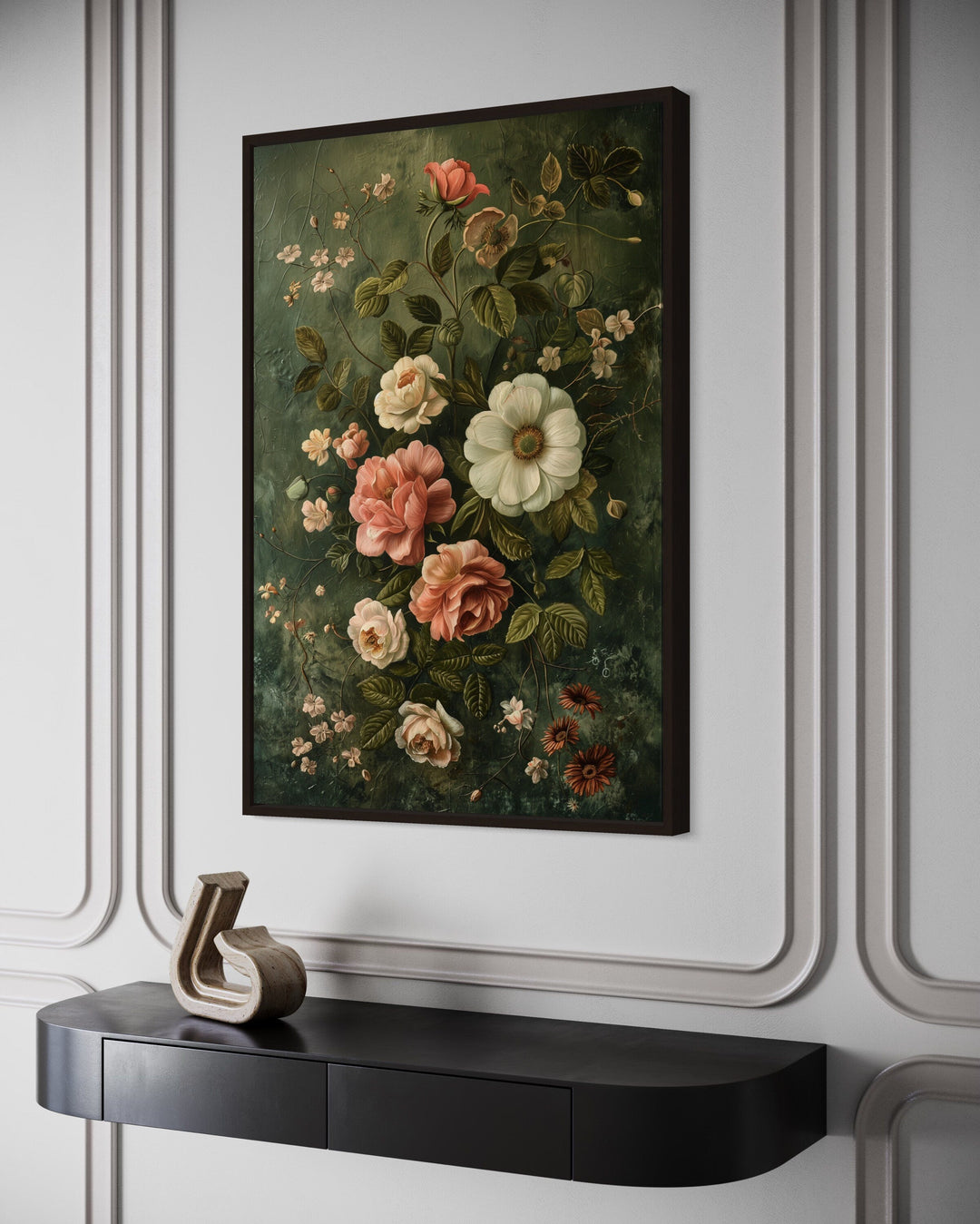 a painting of flowers on a wall above a mantle