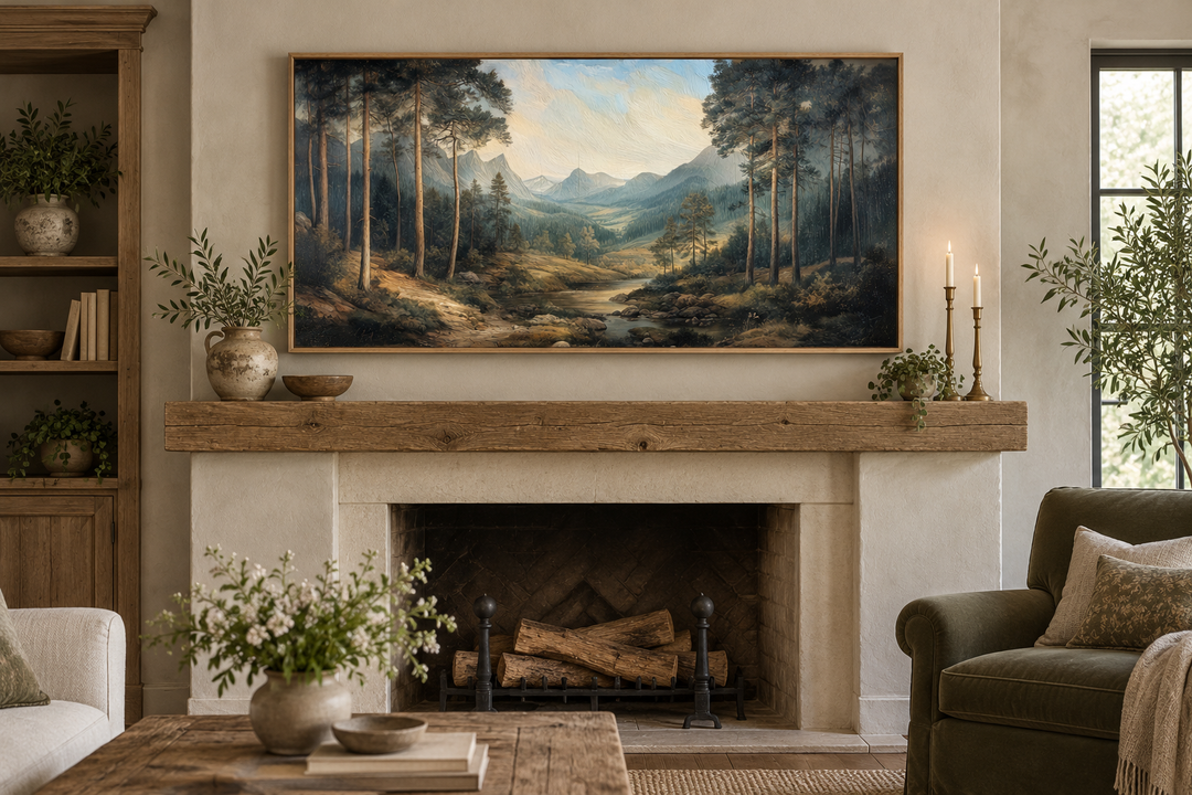Antique style mountain forest landscape canvas wall art displayed above a rustic wood fireplace.