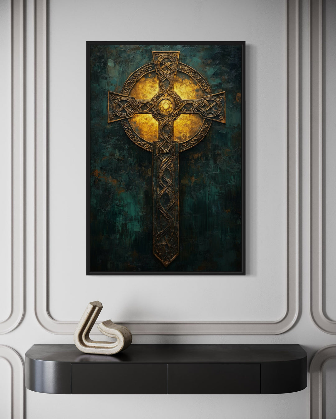 Framed canvas wall art of an intricate gold Celtic cross on a dark green textured background.