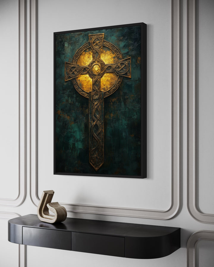 Antique Green Gold Celtic Cross Framed Canvas Wall Art hanging above a black console table.