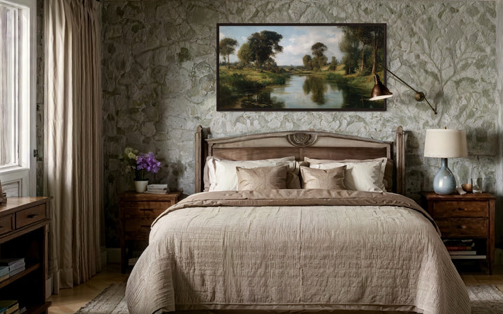 Antique Landscape Painting – Moody Canvas Wall Art | Framed Vintage Style Decor