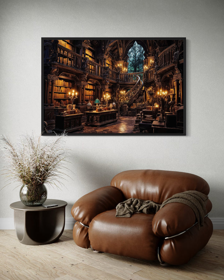 Antique Magical Library Painting Framed Canvas Wall Art