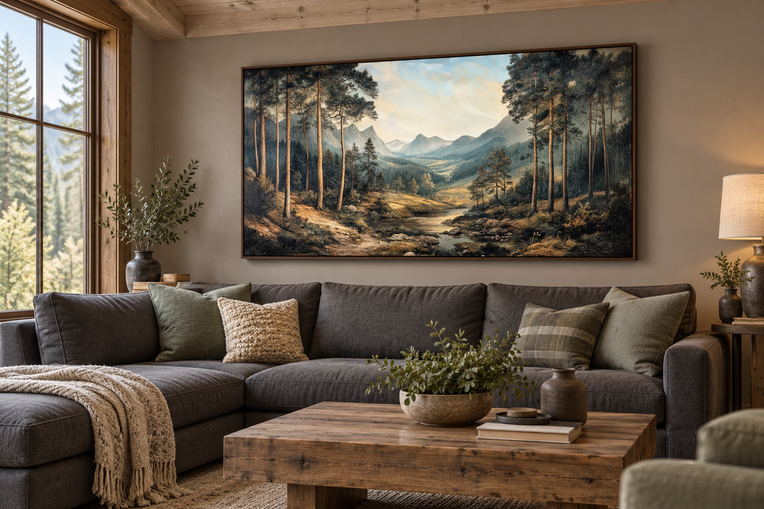 Antique style mountain forest landscape canvas wall art hanging above a gray sectional sofa.