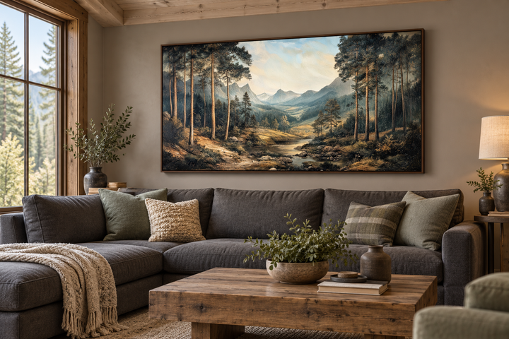 Antique style mountain forest landscape canvas wall art hanging above a gray sectional sofa.