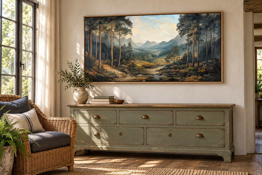 Antique style mountain forest landscape canvas wall art in a thin wood frame above a green dresser.