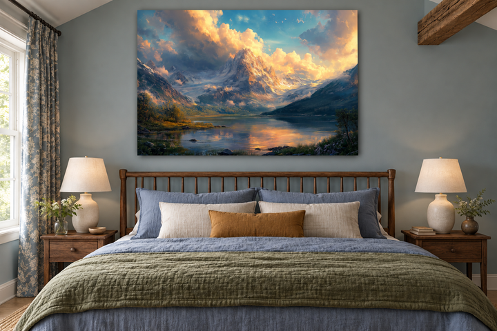 Antique mountain lake landscape wall art above a bed in a rustic bedroom.