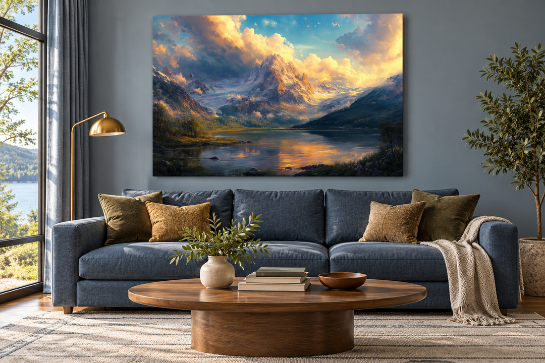 Antique mountain lake landscape wall art above a blue sofa in a modern living room.