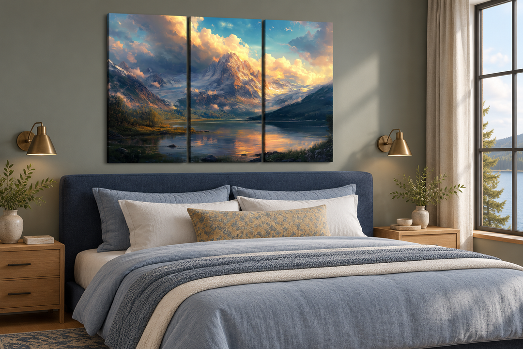 3-panel antique mountain lake landscape wall art above a blue bed in a modern bedroom.